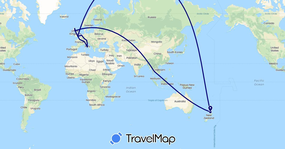 TravelMap itinerary: driving in Switzerland, Germany, France, United Kingdom, Italy, Netherlands, New Zealand, Thailand (Asia, Europe, Oceania)